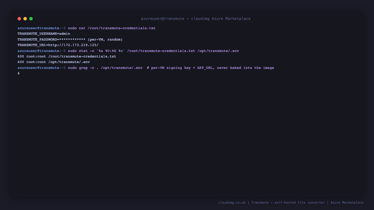 The per instance credentials file showing the Transmute administrator login generated randomly for this VM (masked here) and the resolved web URL, with both the credentials file and the environment file confirmed as 0600 root:root