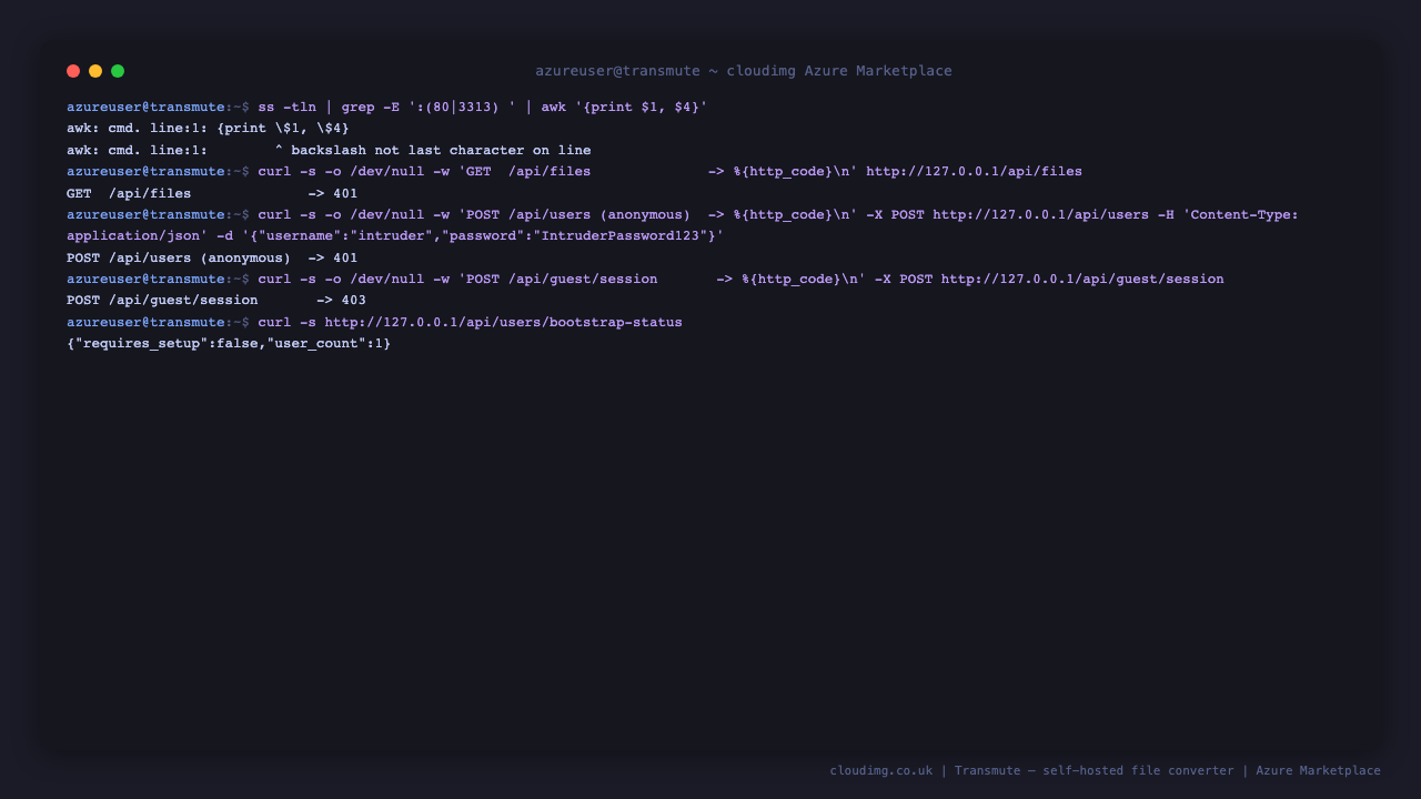 The security posture proven at runtime: the app listening only on 127.0.0.1:3313 with nginx the sole 0.0.0.0:80 listener, an anonymous file listing refused 401, an anonymous attempt to create an account refused 401 because the administrator seat is already taken, guest sessions refused 403, and the bootstrap status reporting setup complete with exactly one user