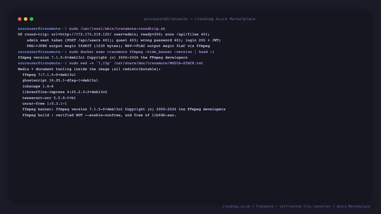 The real conversion round-trip run from the command line, asserting a PNG converted to JPEG carries the ffd8ff magic bytes and a WAV converted to FLAC carries the fLaC marker, alongside the ffmpeg version and the recorded redistributable media stack inventory