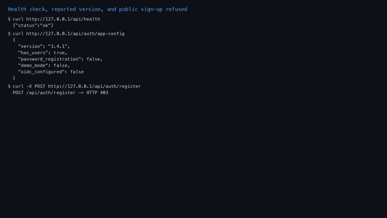 Health check, reported version 3.4.1, and a registration attempt refused with HTTP 403