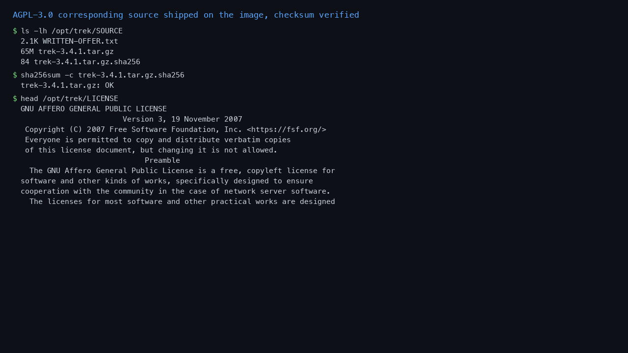 The AGPL-3.0 corresponding source archive on the image with its checksum verifying and the licence header