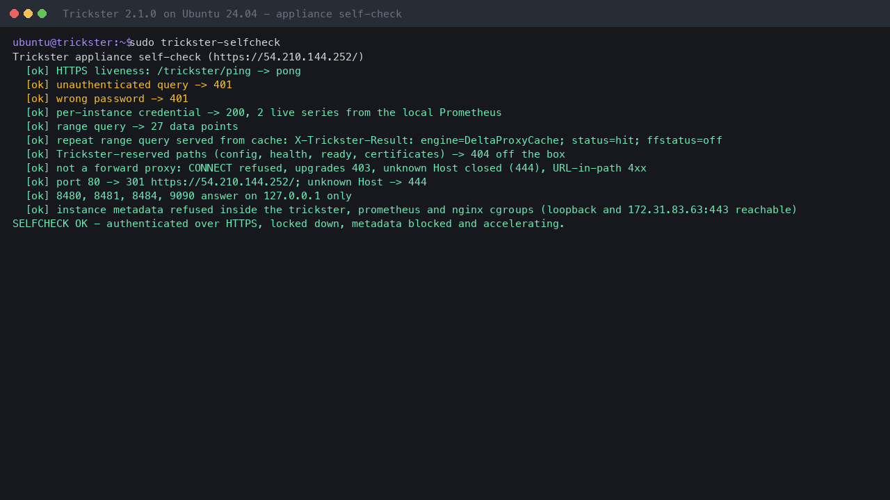 The trickster-selfcheck command reporting every check as ok