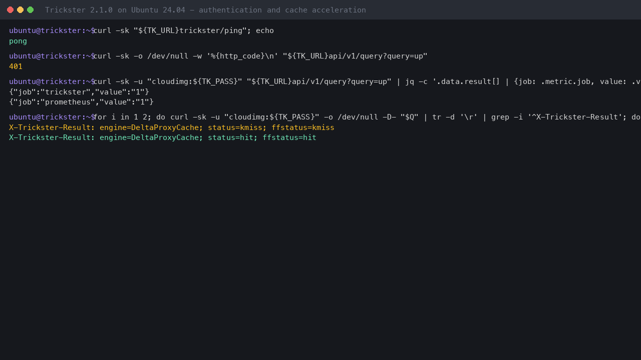 Liveness without the credential, a 401 for an anonymous query, live series with the credential, and an identical range query reported as a cache miss and then a cache hit