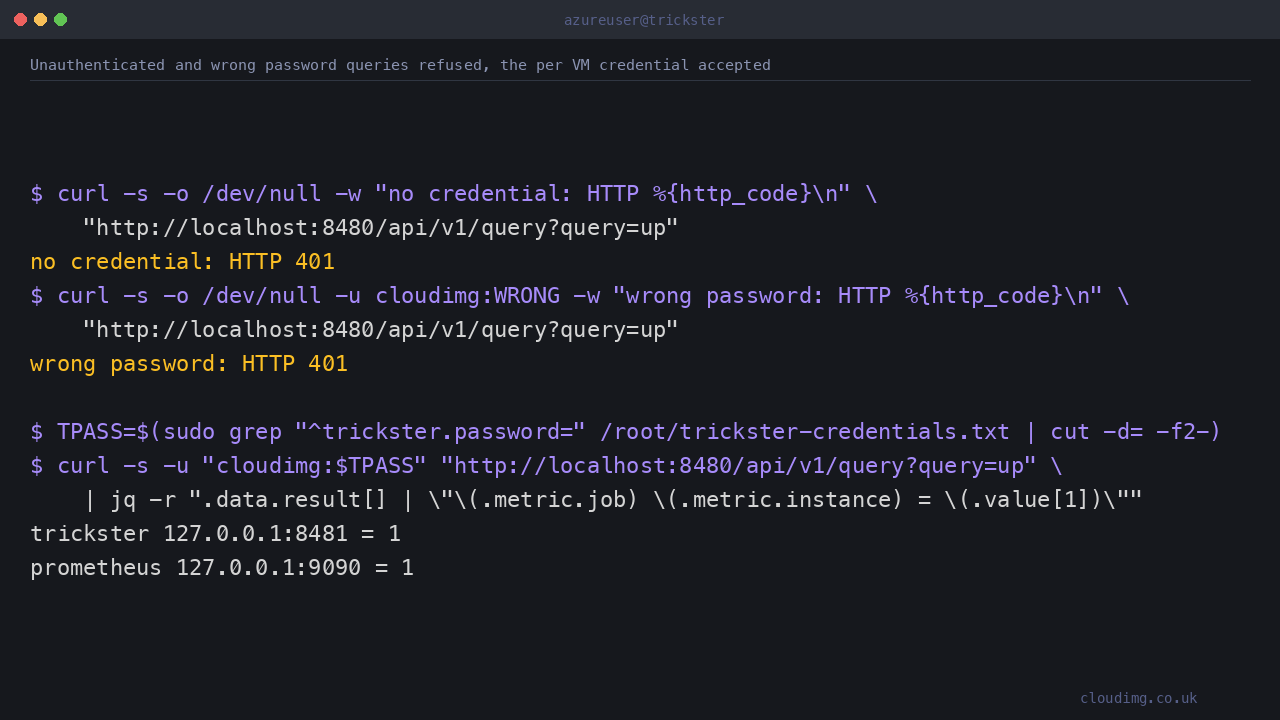 An unauthenticated query and a wrong password query both refused with HTTP 401, while the per VM credential returns live series data through the proxy