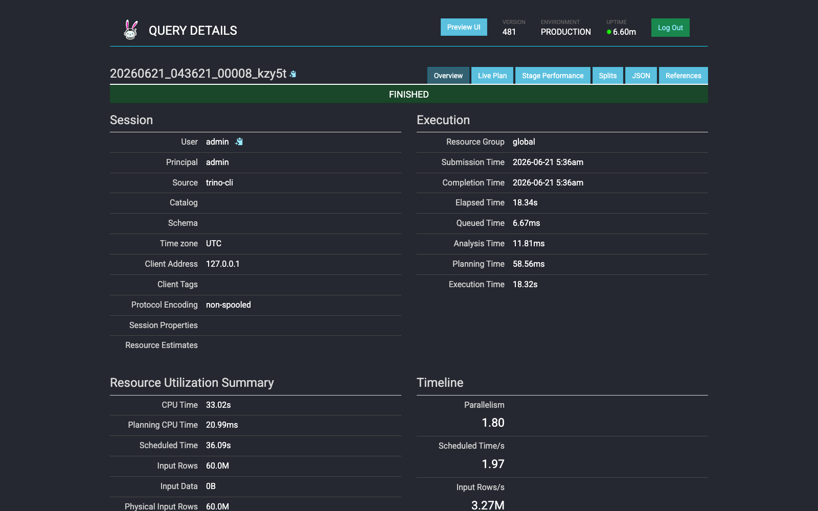 The Trino Web UI query detail view