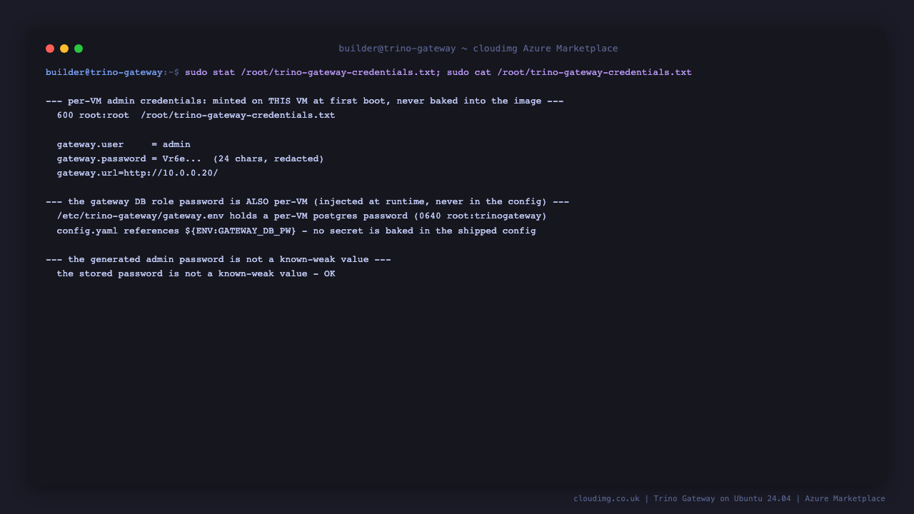 Per-VM Trino Gateway credentials: root-only file, no baked defaults