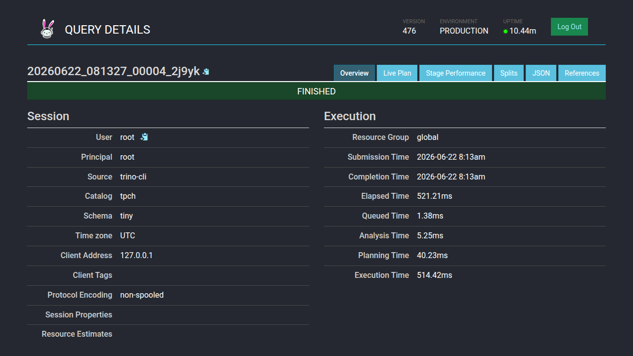 Trino Web UI finished query detail showing stages