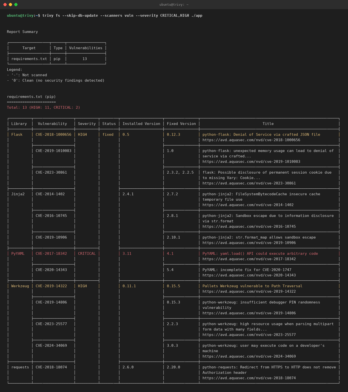 A trivy fs scan of a project, run offline against the pre-loaded vulnerability database, listing detected CVEs