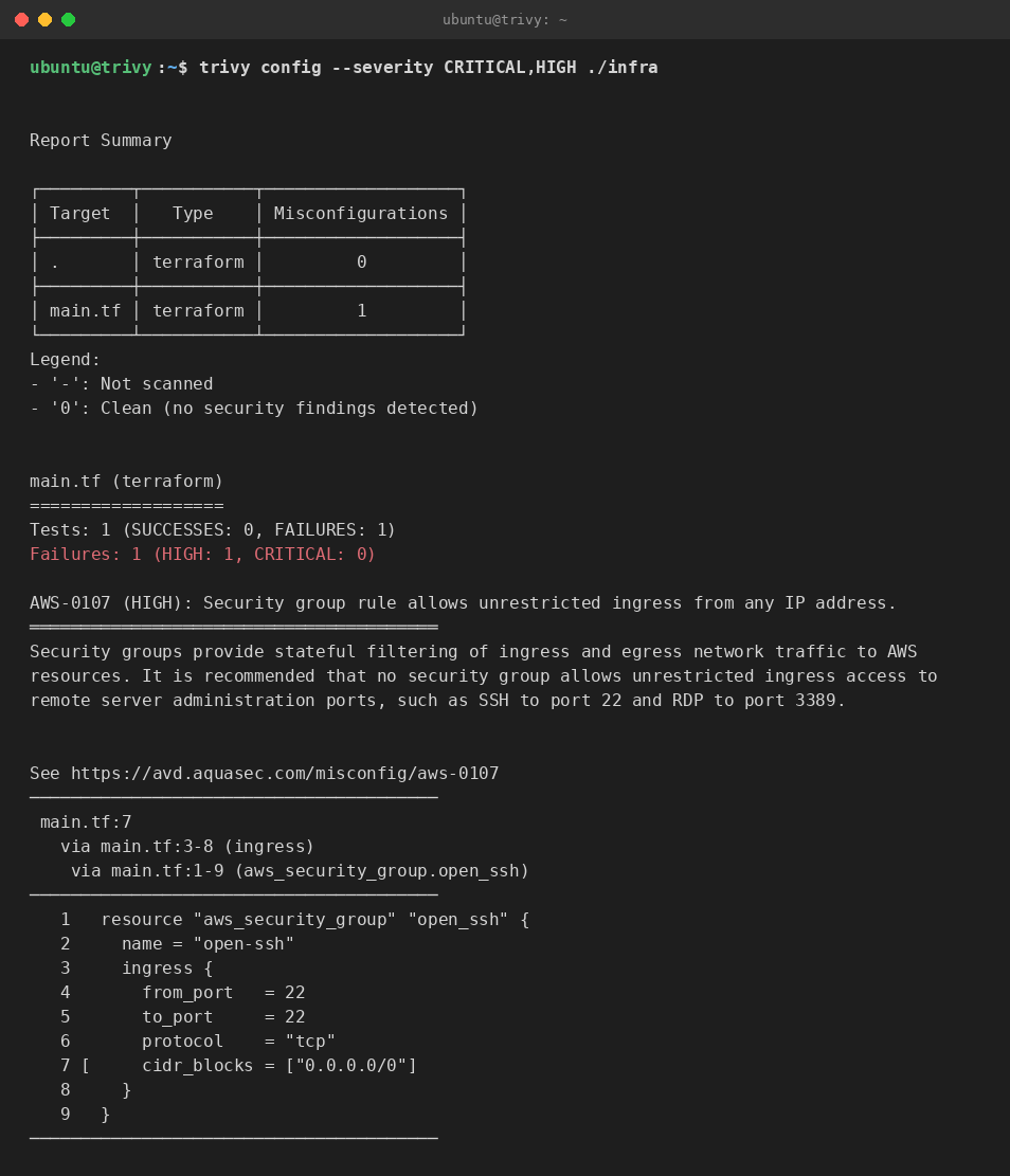 A trivy config scan of a Terraform directory reporting an infrastructure-as-code misconfiguration with the offending lines