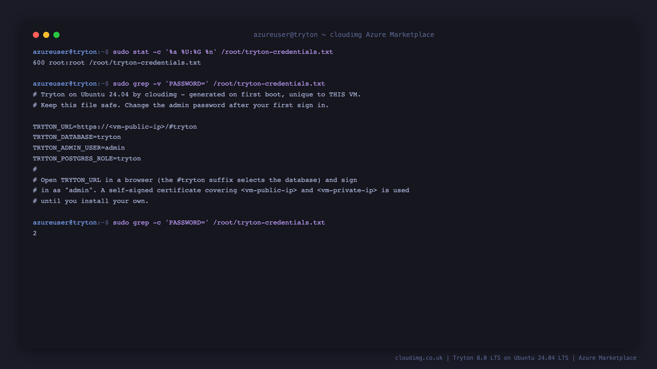 The root-only credentials file written on first boot, shown without its passwords