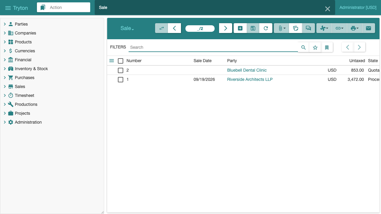 The sales list with Tryton's main menu