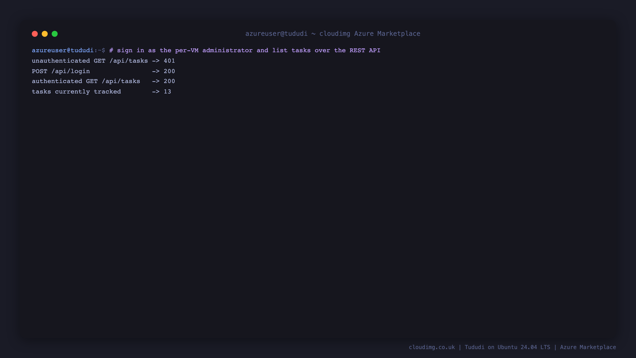 Terminal output showing an unauthenticated request rejected with 401, a successful sign in, an authenticated task listing and the number of tasks tracked
