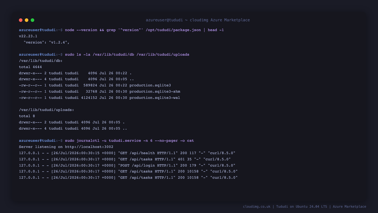 Terminal output showing the installed Node.js and Tududi versions, the SQLite database and uploads directories, and recent service log lines