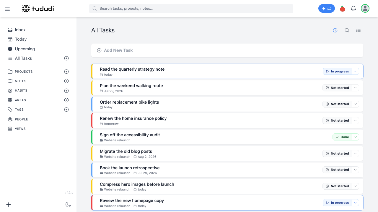 The Tududi All Tasks view listing every task with its status, due date and project