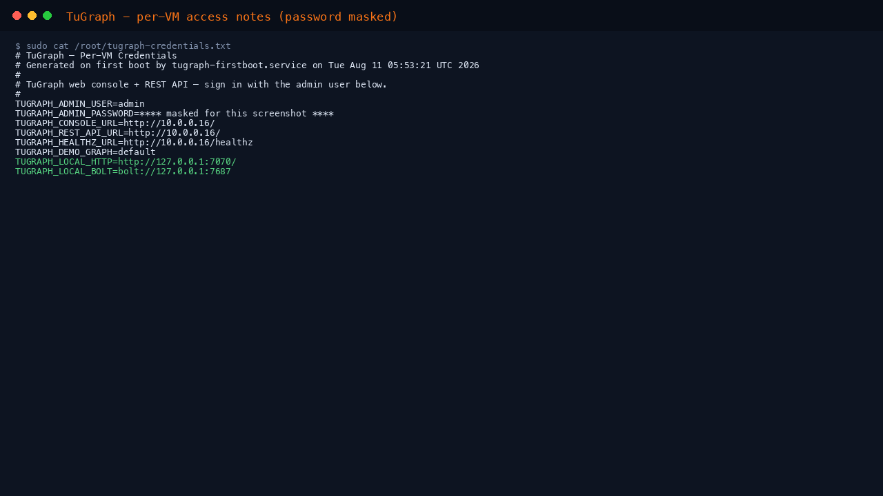The per VM TuGraph credentials file at /root/tugraph-credentials.txt (mode 0600 root), password masked, showing the admin user, the console and REST API endpoint URLs and the default demo graph name