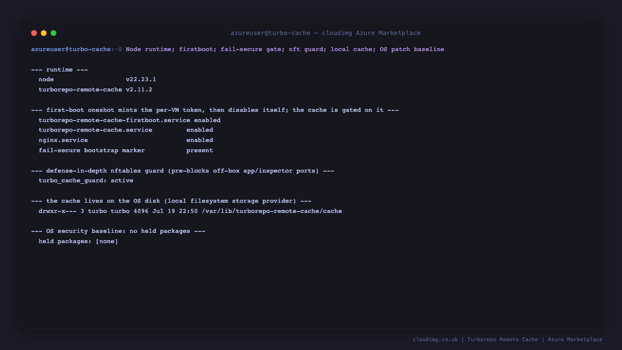 Terminal showing the Node.js version, the first boot, cache and nginx services enabled, the cache directory on the OS disk and a clean OS security baseline with no held packages