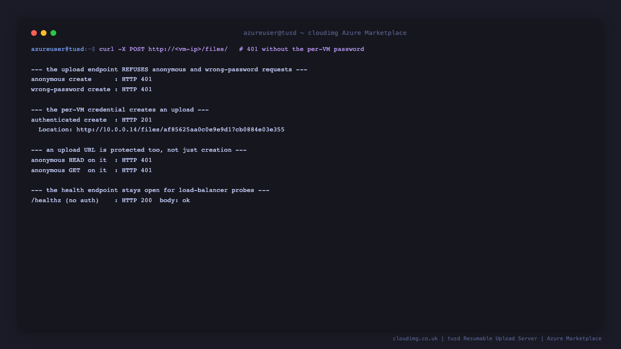 The tus upload endpoint returning HTTP 401 for an anonymous create and for a wrong password, HTTP 201 with a Location header for the per-VM password, HTTP 401 for anonymous HEAD and GET against that upload URL, and the unauthenticated /healthz probe returning 200 ok