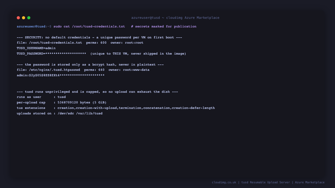 The per-VM credentials file at mode 600 root:root with the password masked, the bcrypt password hash file at mode 640 root:www-data, tusd running as the unprivileged tusd user, the 5 GiB per-upload cap, the advertised tus extensions, and uploads stored on the dedicated data disk