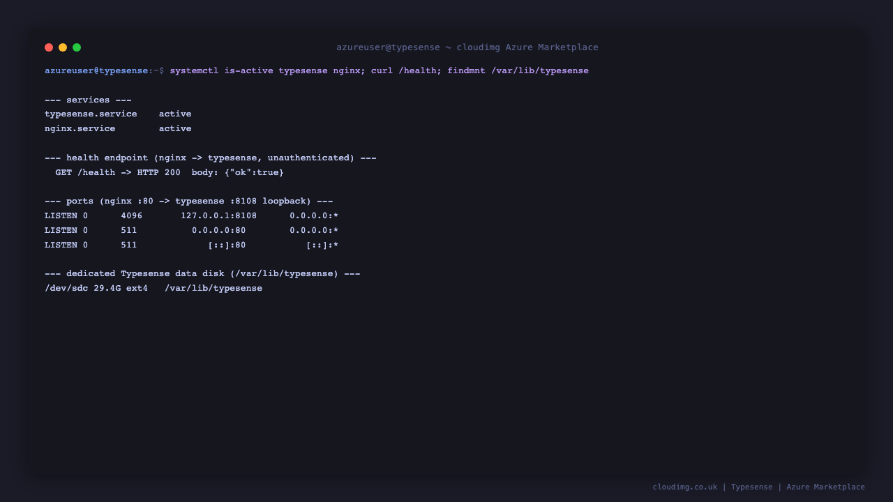 Typesense running on the cloudimg Azure image with typesense.service and nginx active, health endpoint returning HTTP 200, and search data on a dedicated Azure data disk