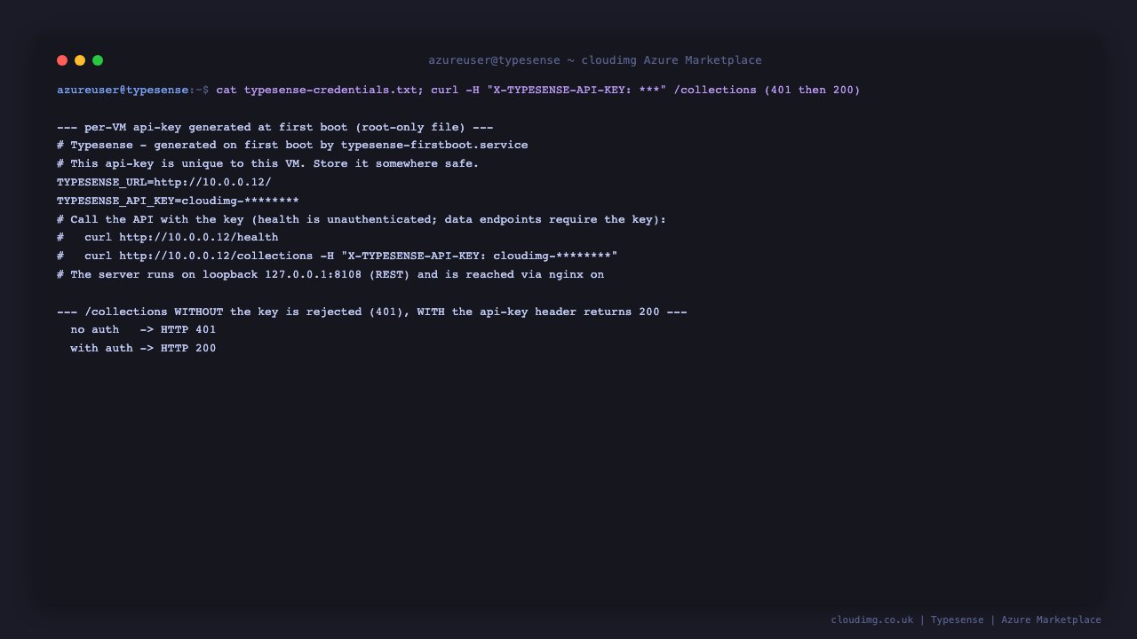 The per VM Typesense api key in its root only credentials file, and a request to /collections returning HTTP 401 without the key and HTTP 200 with the X-TYPESENSE-API-KEY header