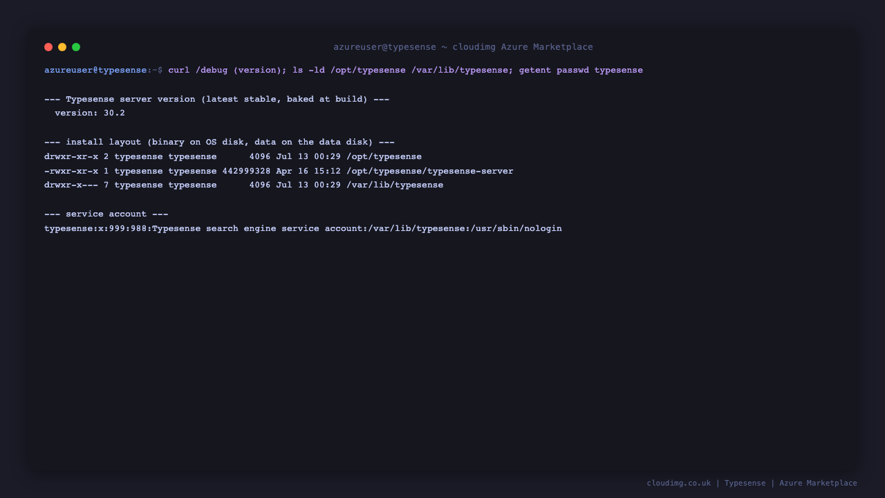 The Typesense server version reported by the API, the on disk install layout with the binary under /opt/typesense and data under /var/lib/typesense, and the unprivileged typesense service account