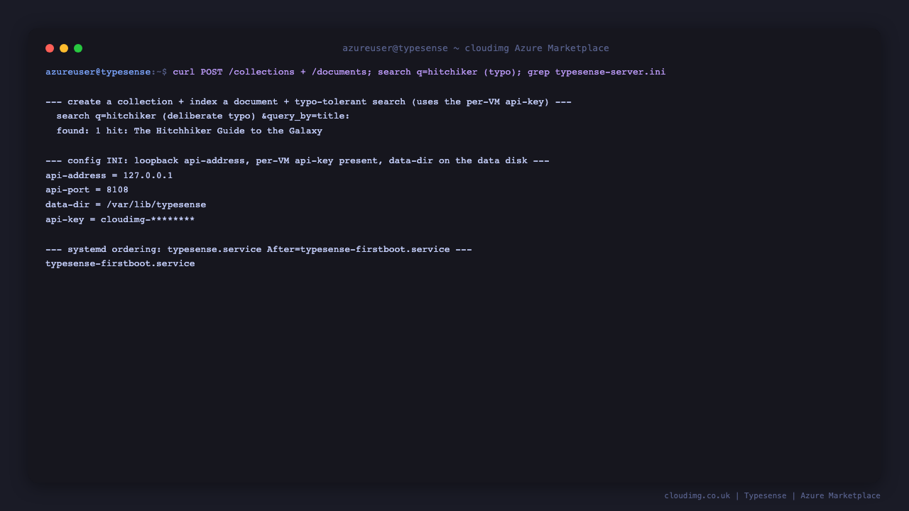 Creating a Typesense books collection, indexing a document, and a typo tolerant search for hitchiker still matching The Hitchhiker Guide to the Galaxy, with the loopback config and firstboot service ordering