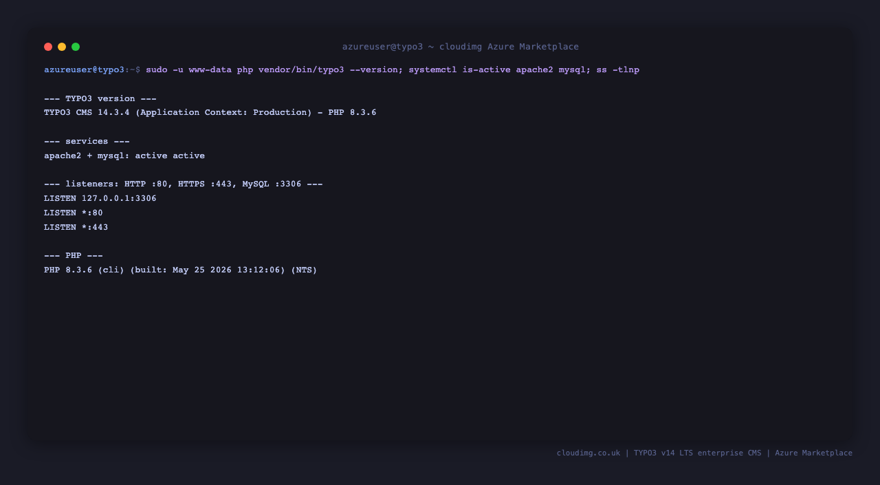 TYPO3 CMS 14.3 with PHP 8.3.6, apache2 and mysql active, listeners on ports 80, 443 and 3306
