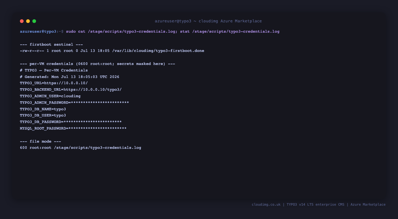 The per VM credentials file at /stage/scripts/typo3-credentials.log, mode 0600 root:root, holding the rotated backend administrator, database and MySQL root secrets