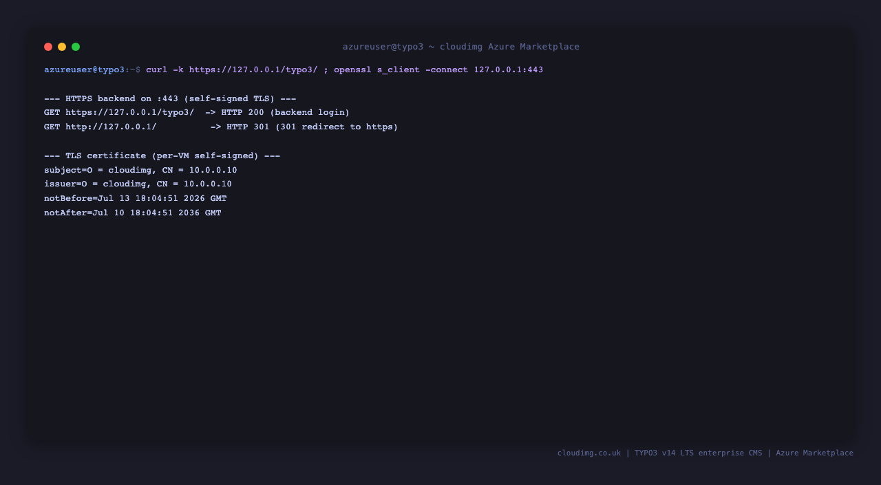 The TYPO3 backend returns HTTP 200 over HTTPS on port 443, HTTP on port 80 returns a 301 redirect, and the per VM self signed certificate details