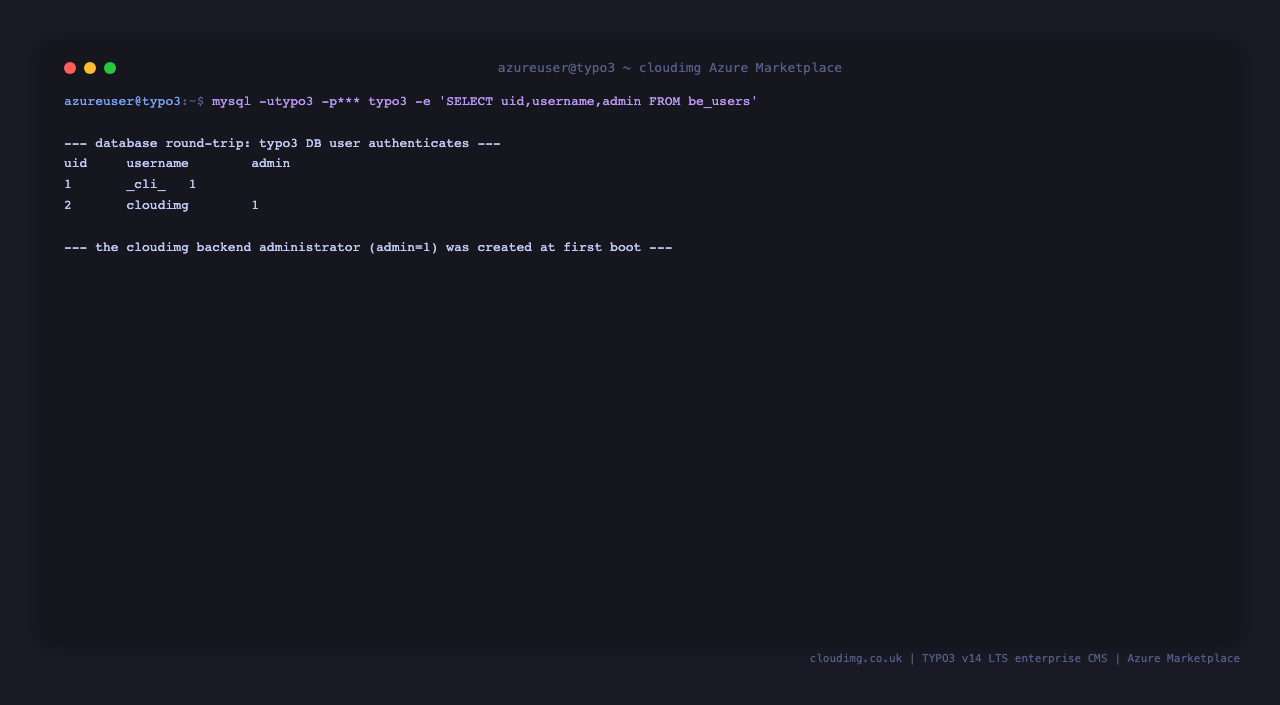 The typo3 database user authenticates and the be_users table shows the cloudimg backend administrator with admin set to 1