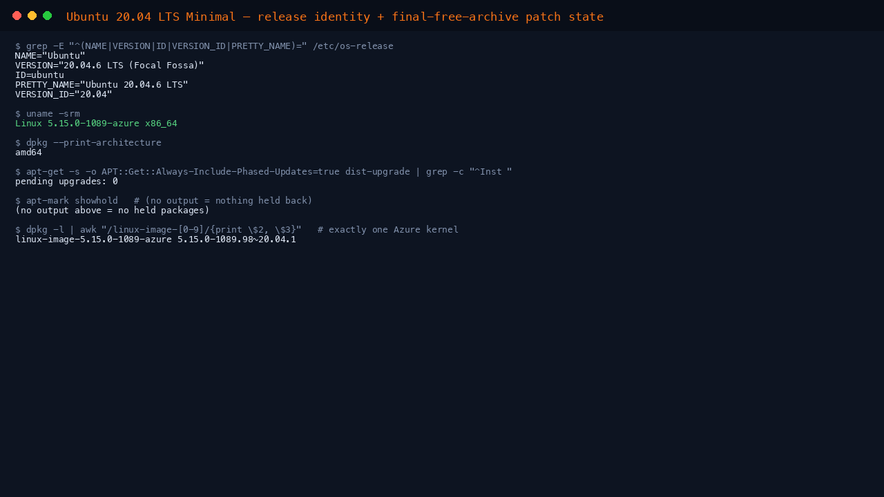 The terminal shows the os-release fields reporting NAME Ubuntu, VERSION 20.04.6 LTS Focal Fossa, ID ubuntu and VERSION_ID 20.04, uname reporting an x86_64 azure kernel, and dpkg print-architecture reporting amd64