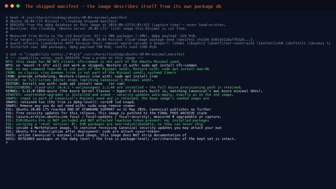 The terminal shows the shipped manifest header with the measured 209-package trim against the standard baseline and the capability notes covering NFS, man, cron, editor, provisioning, kernel, updates, snaps and the end of standard support posture, each derived from a probe on the image itself