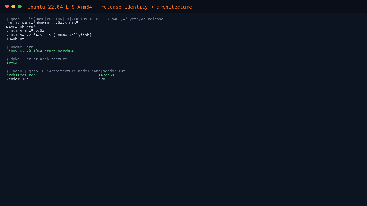 The terminal shows the os-release fields reporting NAME Ubuntu, VERSION 22.04 LTS Jammy Jellyfish, ID ubuntu and VERSION_ID 22.04, uname reporting an aarch64 azure kernel, and dpkg print-architecture reporting arm64