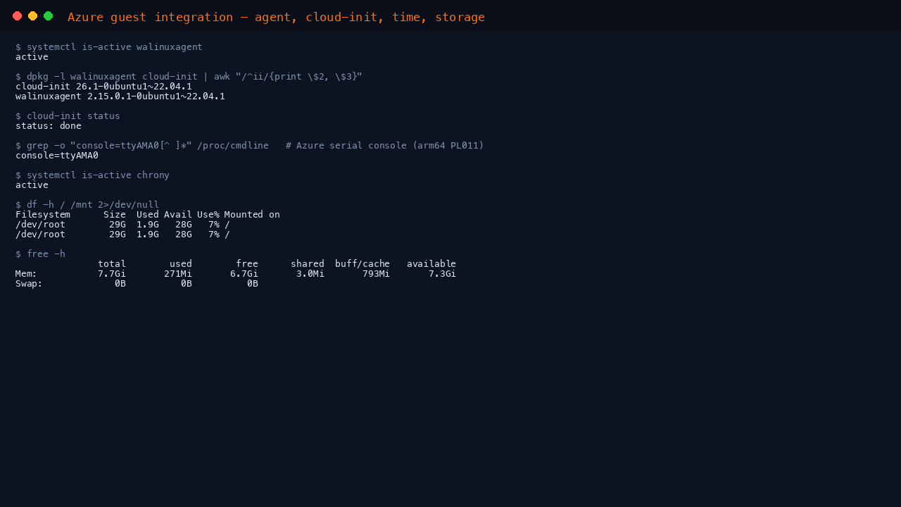 The terminal shows the Azure Linux Agent active, the cloud-init version, apt-daily-upgrade.timer enabled so security updates apply on a timer, the apt periodic configuration with Update-Package-Lists and Unattended-Upgrade both set to 1, chrony active for time synchronisation, the root filesystem usage from df, and the memory summary from free