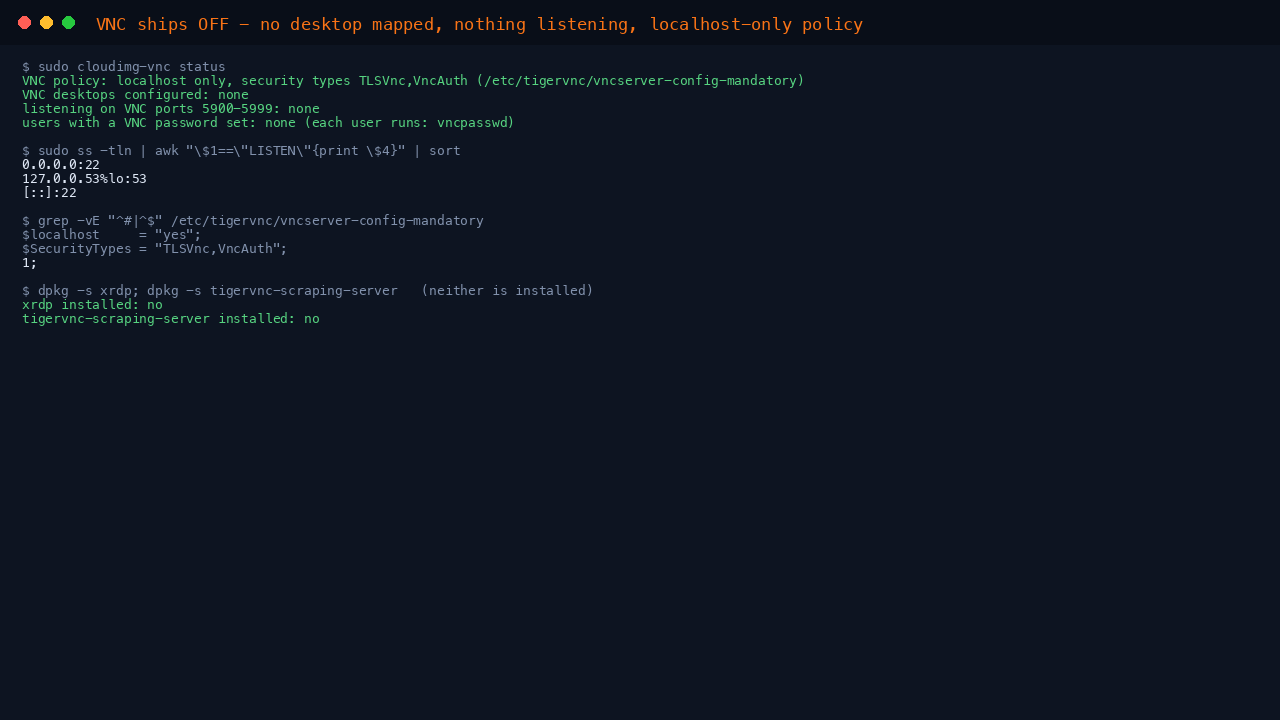 The terminal shows cloudimg-vnc status reporting the localhost only policy, no VNC desktops configured, nothing listening on the VNC ports and no user with a VNC password, followed by the TCP listeners limited to SSH on port 22