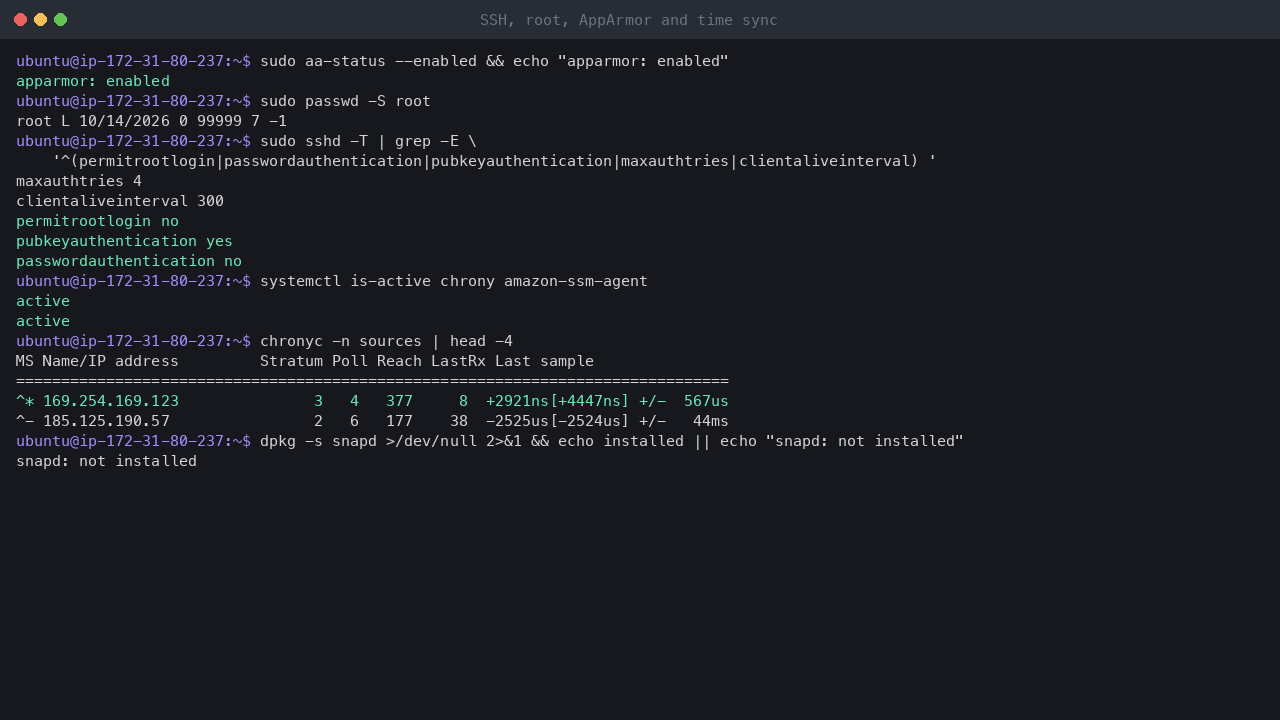 Terminal output showing AppArmor enabled, the root account locked, the effective SSH settings with root login and password authentication off, chrony and the SSM agent active, chrony synchronised to the Amazon Time Sync Service at 169.254.169.123, and snapd not installed