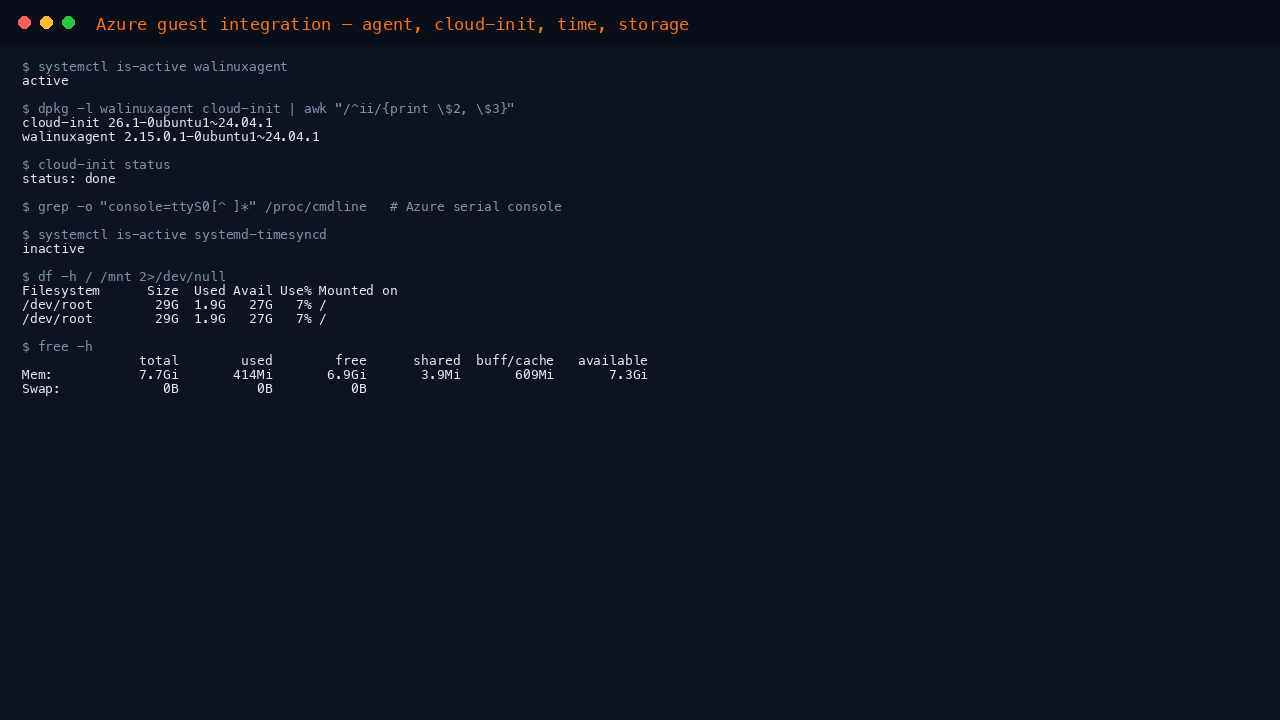 The terminal shows the Azure Linux Agent active, the cloud-init version, apt-daily-upgrade.timer enabled so security updates apply on a timer, the apt periodic configuration with Update-Package-Lists and Unattended-Upgrade both set to 1, systemd-timesyncd active for time synchronisation, the root filesystem usage from df, and the memory summary from free