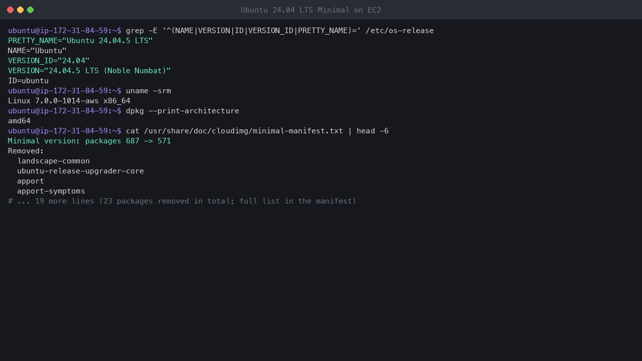 Terminal output showing os-release reporting Ubuntu 24.04.5 LTS Noble Numbat, uname reporting the x86_64 AWS kernel, dpkg reporting amd64, and the head of the shipped Minimal manifest: packages 687 to 571