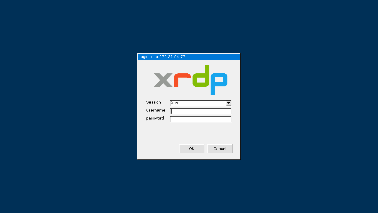 The xrdp login box in an RDP session to the Ubuntu 24.04 instance, with the session type Xorg and empty username and password fields