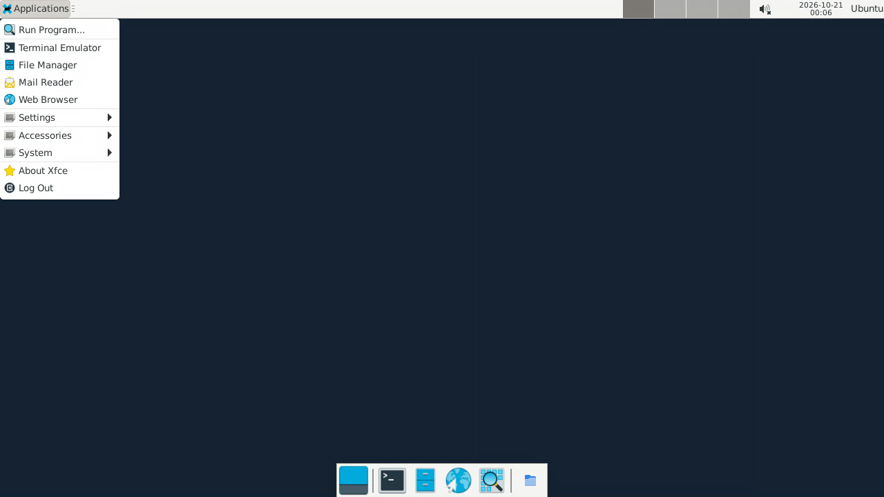 The XFCE Applications menu open in the remote session, listing the installed accessories, system tools and settings