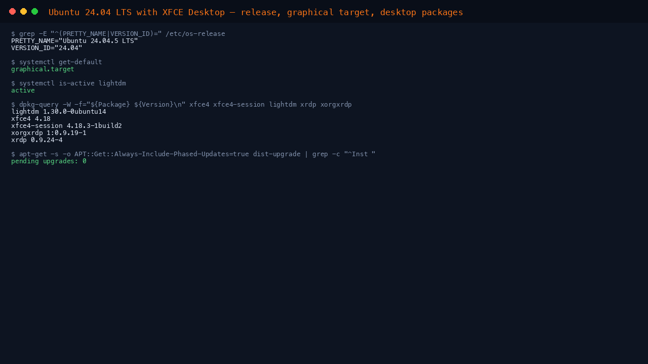 The terminal shows os-release reporting Ubuntu 24.04.5 LTS, the default target graphical.target, LightDM active, the installed versions of xfce4, xfce4-session, lightdm, xrdp and xorgxrdp, and zero pending upgrades