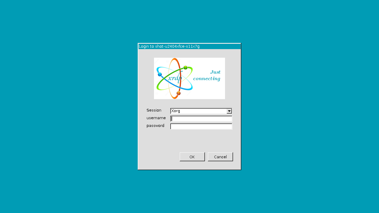 The xrdp login box shown in an RDP session, with the session type set to Xorg and fields for username and password