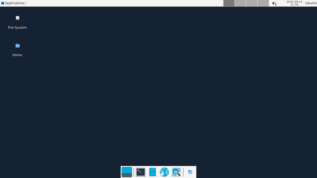 The XFCE desktop in a remote session, with the Applications menu and clock in the top panel, the File System and Home icons on the desktop, and the application dock along the bottom