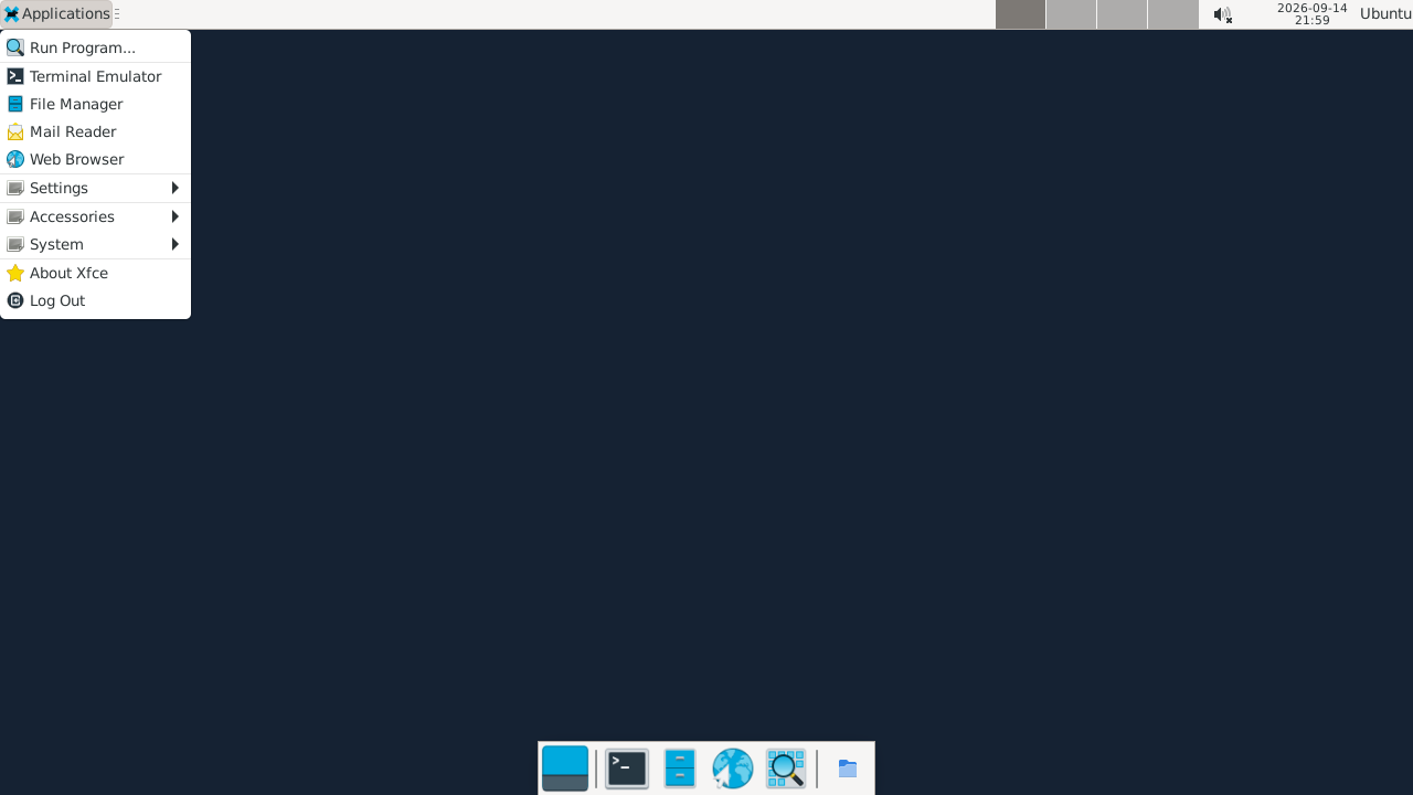 The XFCE Applications menu open in the remote session, listing the installed accessories, system tools and settings