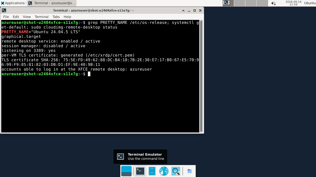 XFCE Terminal inside the remote desktop session showing Ubuntu 24.04.5 LTS, the graphical target, and cloudimg-remote-desktop status reporting the service enabled and listening on port 3389