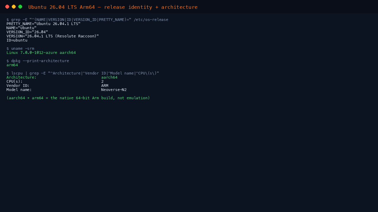 The terminal shows the os-release fields reporting PRETTY_NAME Ubuntu 26.04.1 LTS, NAME Ubuntu, VERSION_ID 26.04 and VERSION 26.04.1 LTS Resolute Raccoon, uname reporting a 7.0.0 azure kernel on aarch64, dpkg print-architecture reporting arm64, and lscpu reporting the aarch64 architecture on an ARM Neoverse-N2 processor