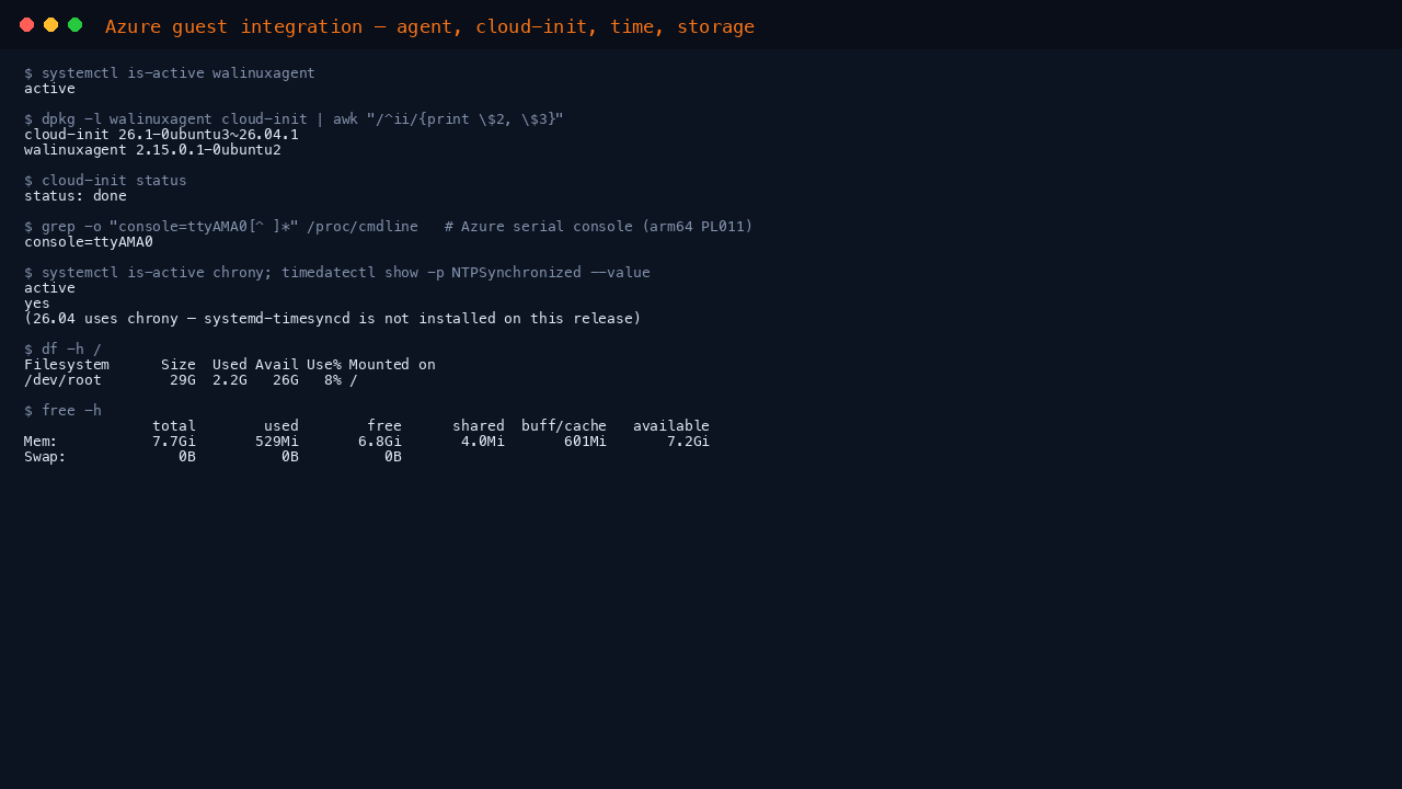 The terminal shows the Azure Linux Agent active, the cloud-init version 26.1, apt-daily-upgrade.timer enabled so security updates apply on a timer, the apt periodic configuration with Update-Package-Lists and Unattended-Upgrade both set to 1, chrony active with the clock reported as synchronised, the root filesystem usage from df, and the memory summary from free
