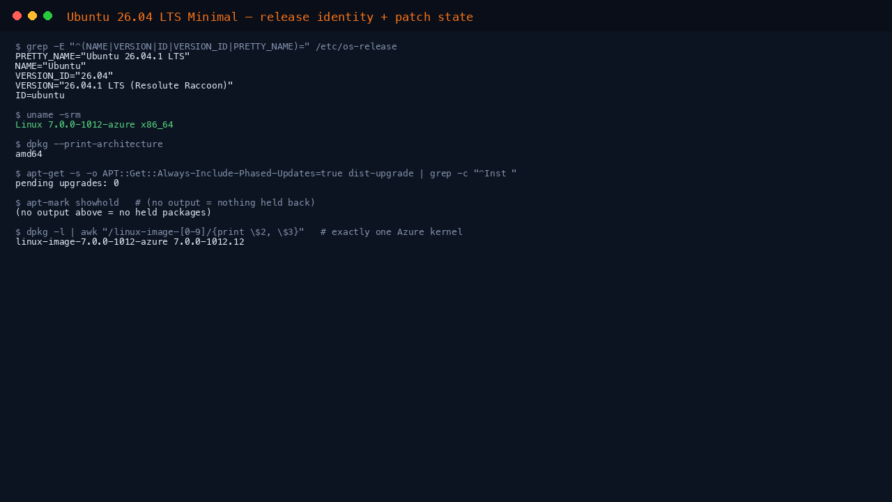 The terminal shows the os-release fields reporting NAME Ubuntu, VERSION 26.04 LTS Resolute Raccoon, ID ubuntu and VERSION_ID 26.04, uname reporting an x86_64 azure kernel, and dpkg print-architecture reporting amd64