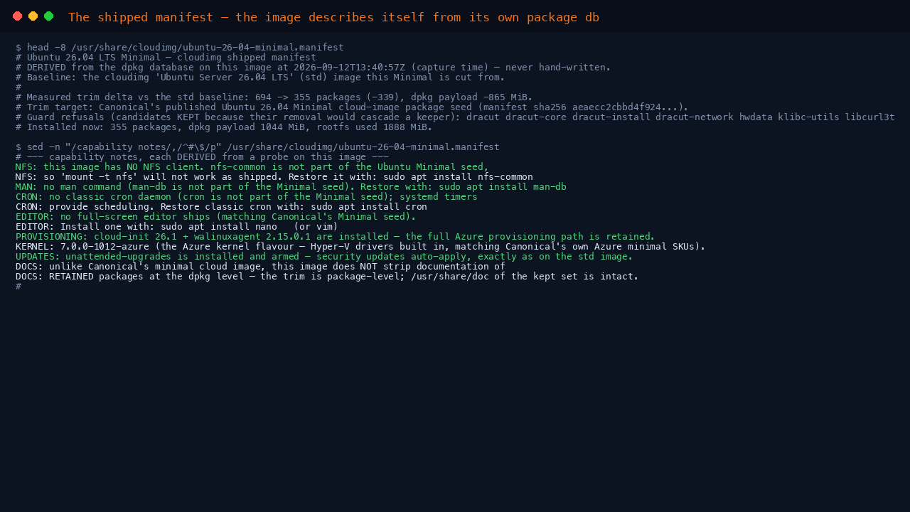 The terminal shows the shipped manifest header with the measured 339-package trim against the standard baseline and the capability notes covering NFS, man, cron, editor, provisioning, kernel and updates, each derived from a probe on the image itself