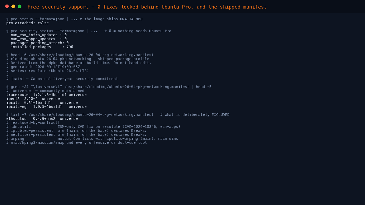 The terminal shows pro reporting the image is not attached, security-status reporting zero esm-infra and zero esm-apps updates with no packages pending attach, the manifest header, the universe section listing traceroute, iperf3, ipcalc and ipcalc-ng, and the excluded-by-contract section naming ldnsutils, iptables-persistent, netfilter-persistent, arping and the offensive tooling with the reason for each